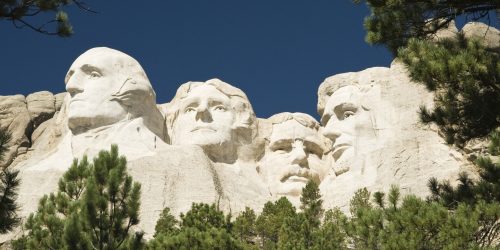 closeup view of Mount Rushmore National Monument in the Black Hills of South Dakota.